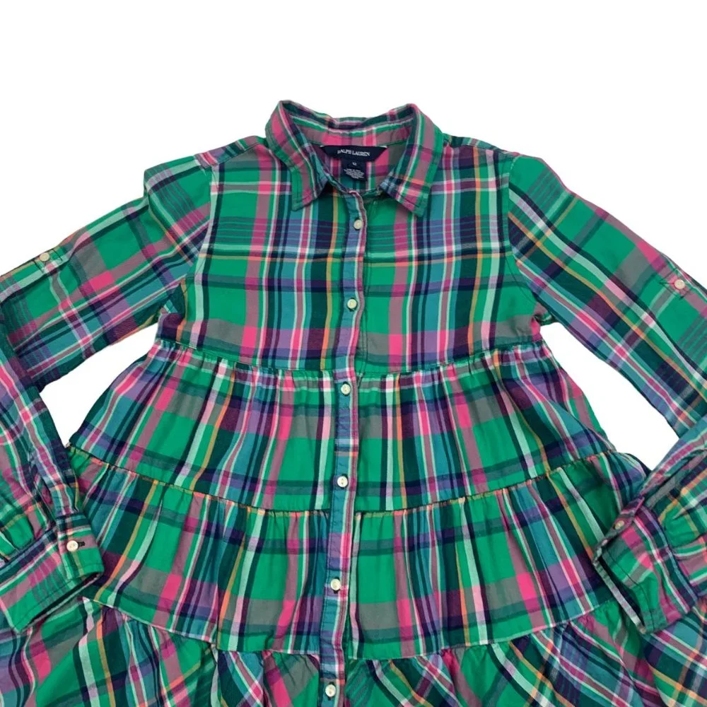 Ralph Lauren 100% Cotton Plaid/Tiered/Ruffle Long Sleeve Dress Girl's Size 12